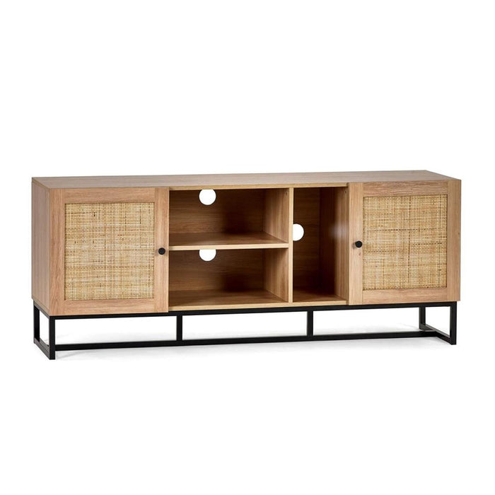 Padstow TV Unit Oak & Rattan on Black Frame Base
