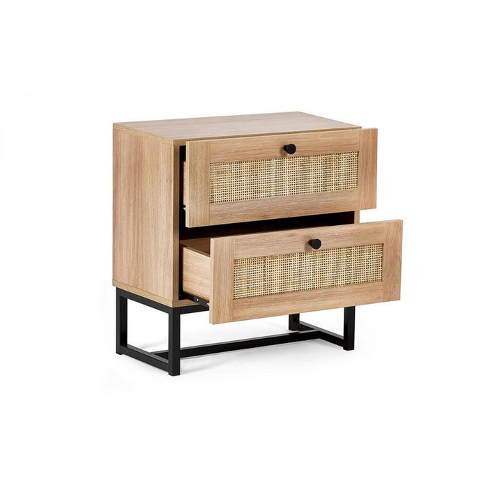 Padstow 2 Drawer Bedside Unit Oak & Rattan on Black Frame Base