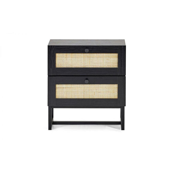 Padstow 2 Drawer Bedside Black & Rattan on Black Frame Base