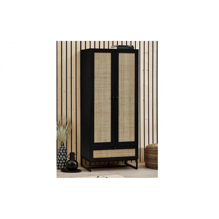 Padstow Wardrobe Black & Rattan on Black Frame Base
