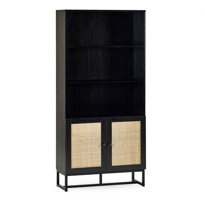 Padstow Tall Bookcase Black & Rattan on Black Frame Base