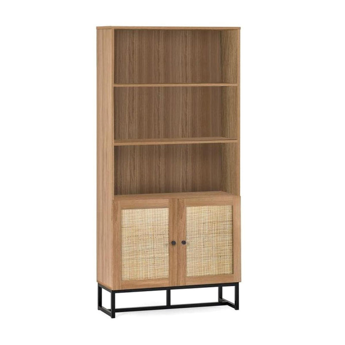 Padstow Tall Bookcase Oak & Rattan on Black Frame Base