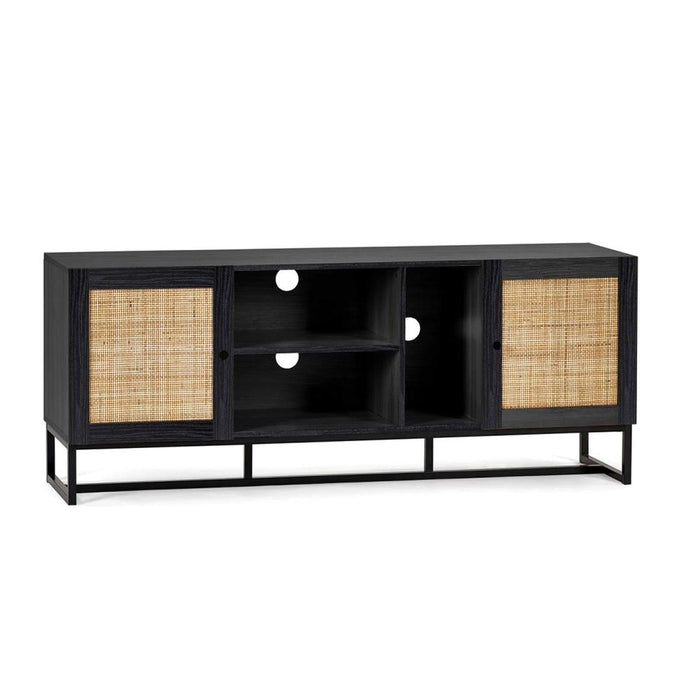 Padstow TV Unit Black & Rattan on Black Frame Base