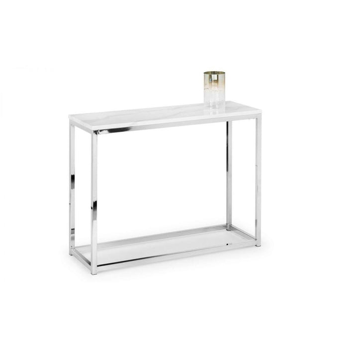 Scala White Marble Top Console Table Chrome Frame