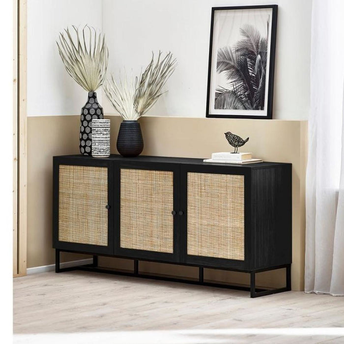 Padstow Sideboard Black & Rattan on Black Frame Base