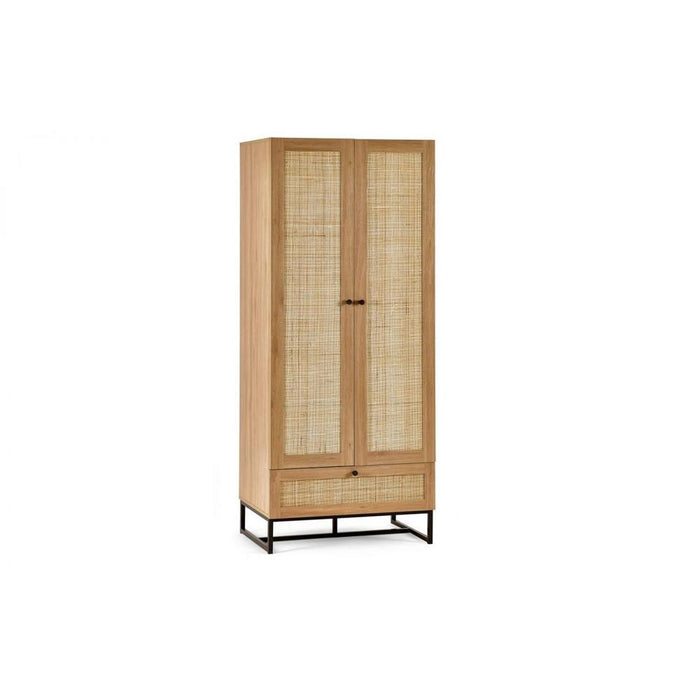 Padstow Wardrobe Oak & Rattan on Black Frame Base