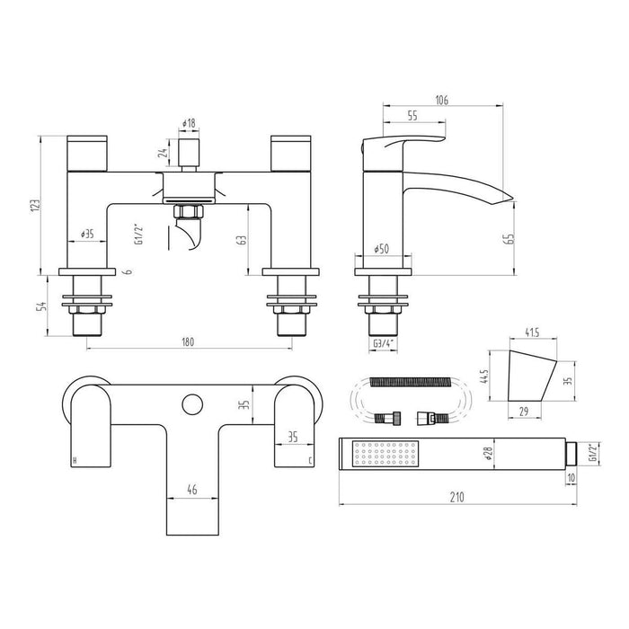 Belini Bath Shower Mixer with Shower Kit and Wall Bracket Chrome
