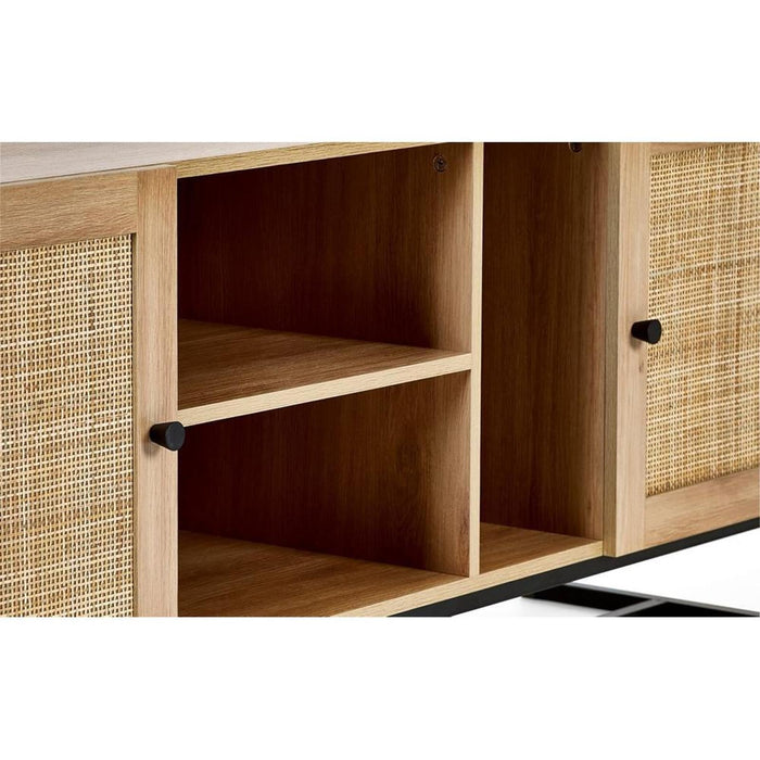 Padstow TV Unit Oak & Rattan on Black Frame Base