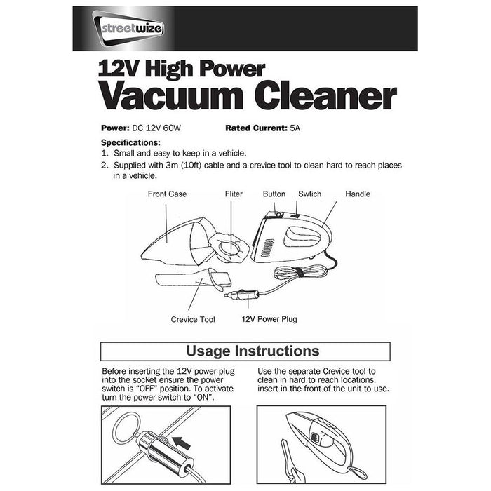 SWCV5 12v Plug In Car Caravan High Power Portable Handheld Vacuum Cleaner