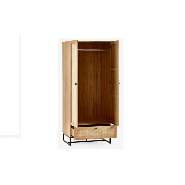 Padstow Wardrobe Oak & Rattan on Black Frame Base
