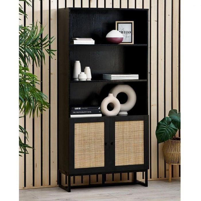Padstow Tall Bookcase Black & Rattan on Black Frame Base