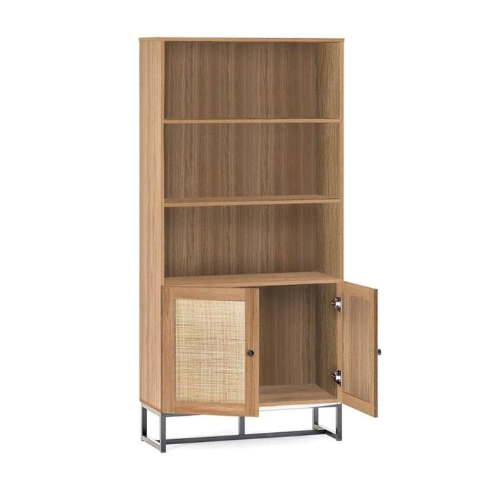 Padstow Tall Bookcase Oak & Rattan on Black Frame Base