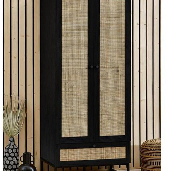 Padstow Wardrobe Black & Rattan on Black Frame Base