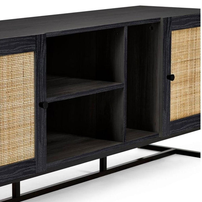 Padstow TV Unit Black & Rattan on Black Frame Base