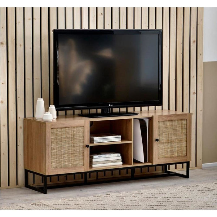 Padstow TV Unit Oak & Rattan on Black Frame Base