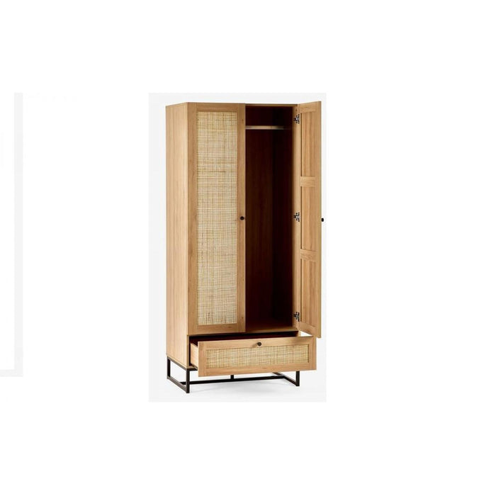 Padstow Wardrobe Oak & Rattan on Black Frame Base