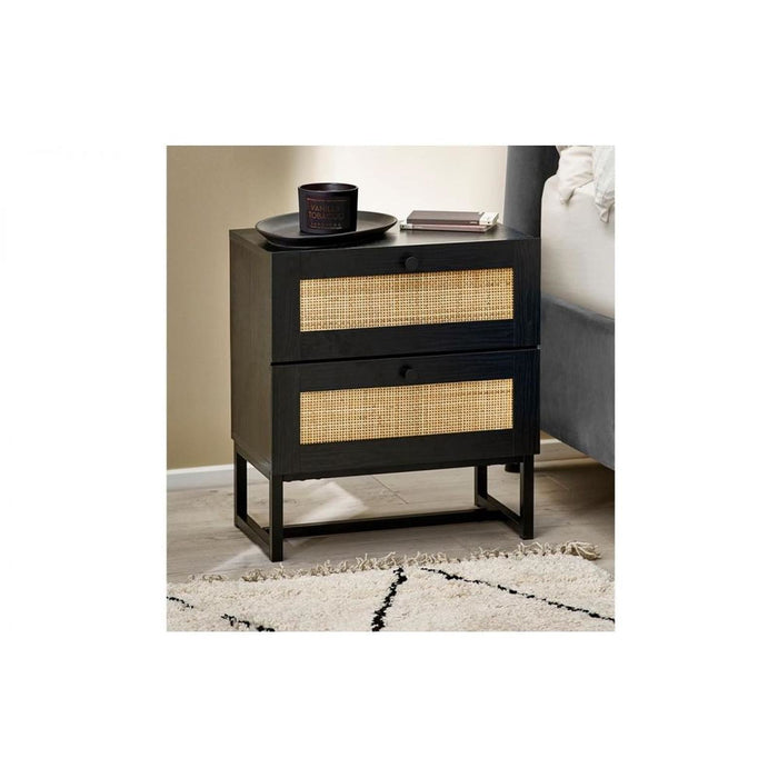 Padstow 2 Drawer Bedside Black & Rattan on Black Frame Base