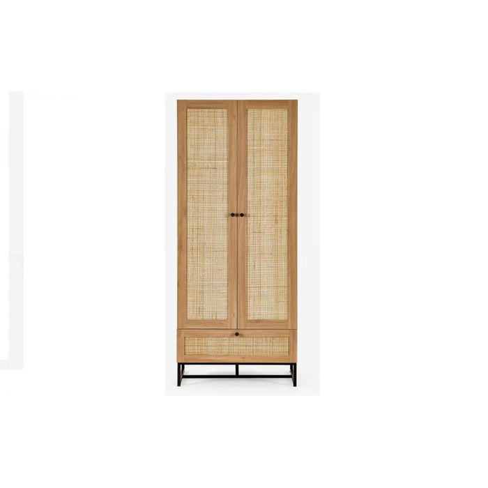 Padstow Wardrobe Oak & Rattan on Black Frame Base